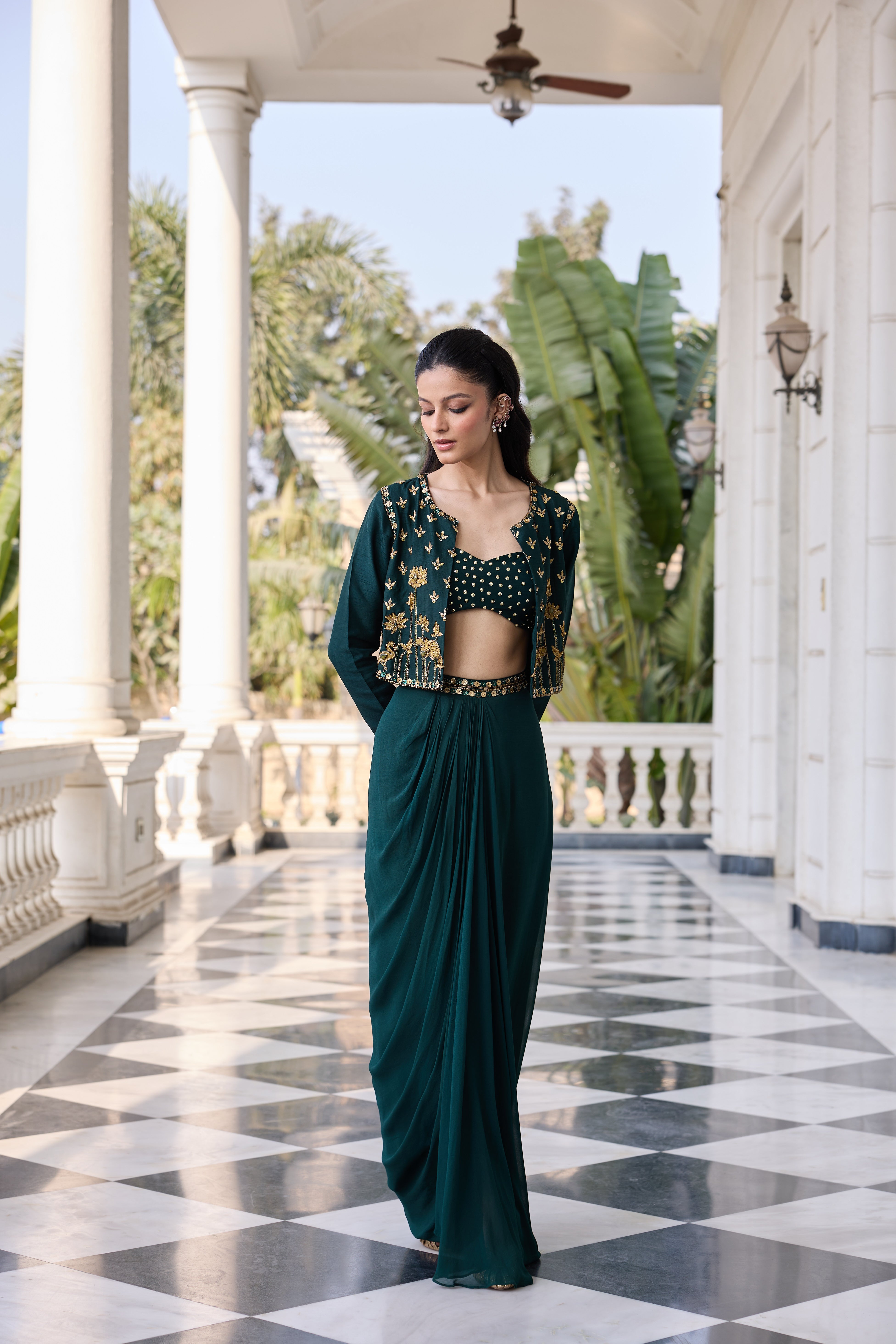 Emerald Green Hand-Embroidered Jacket with Bustier and Skirt