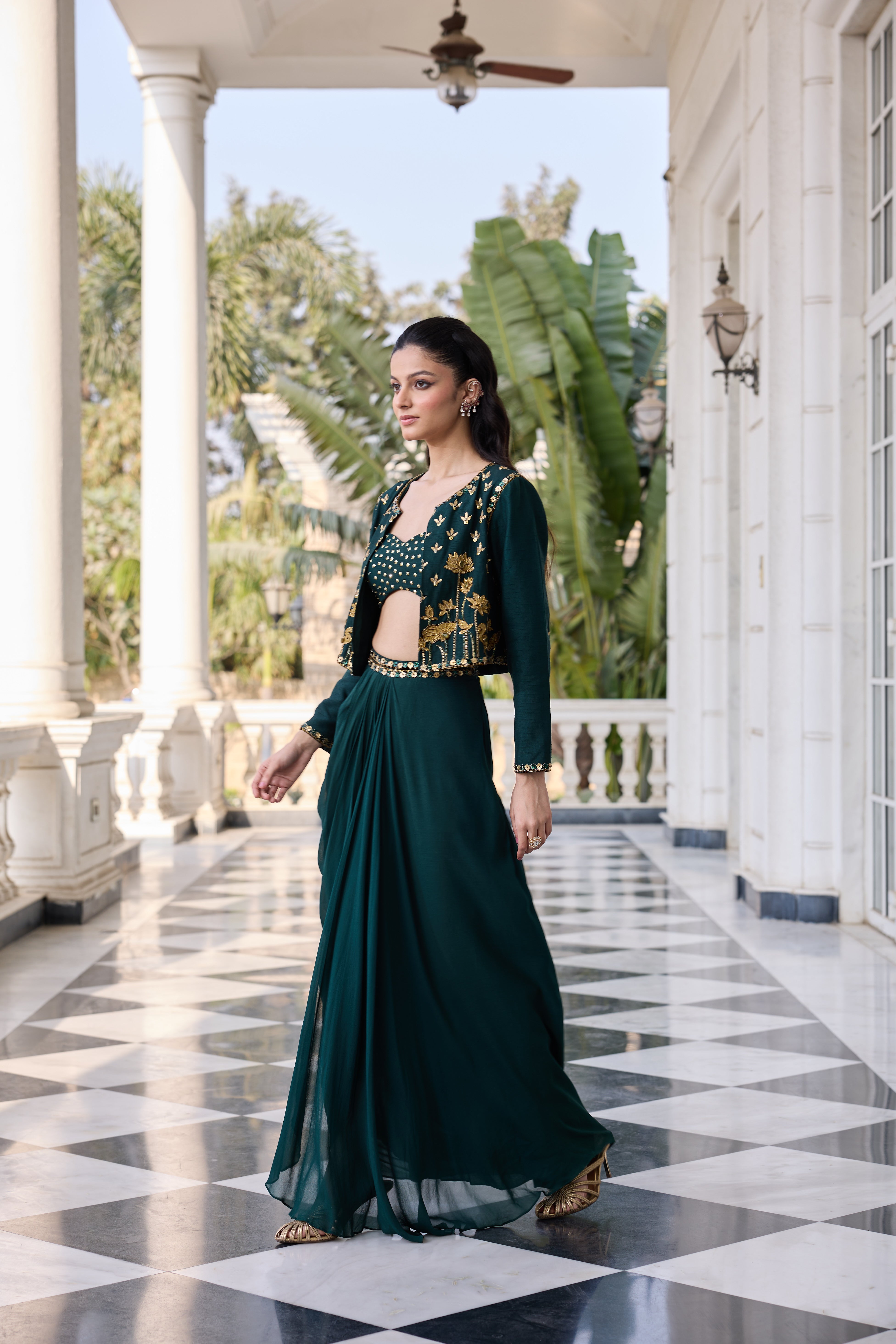 Emerald Green Hand-Embroidered Jacket with Bustier and Skirt