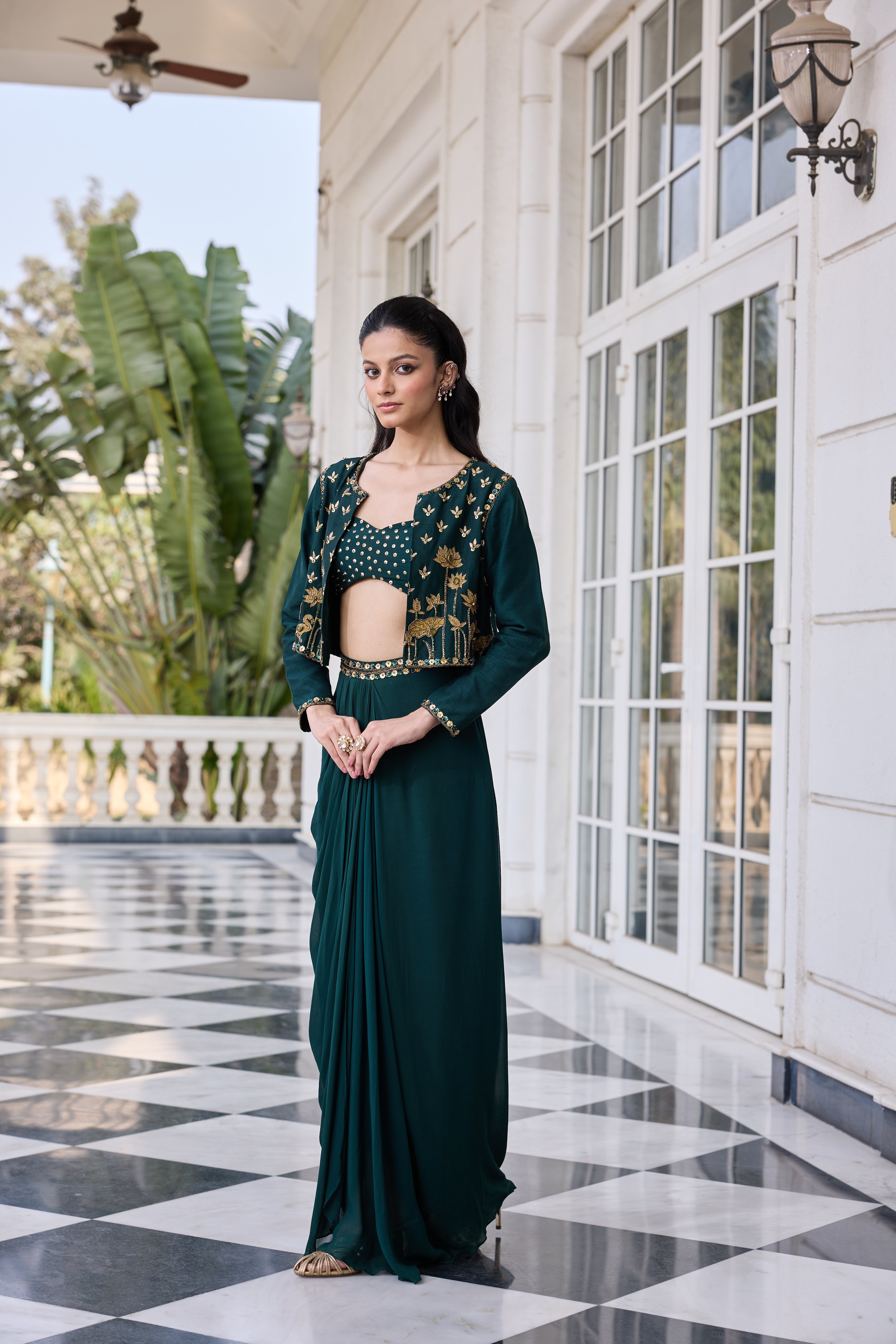 Hand-Embroidered Jacket with Bustier and Skirt