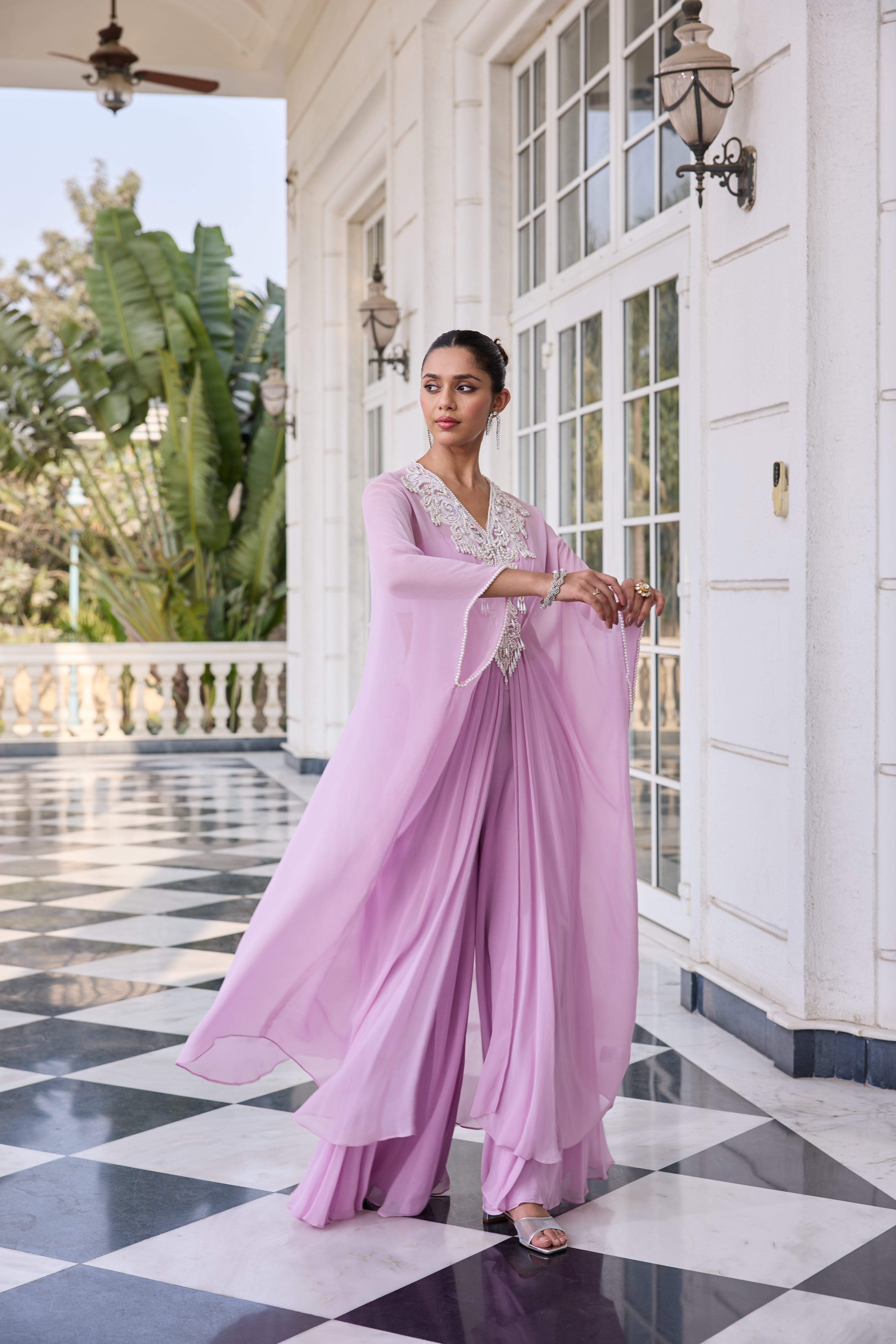 Hand-Embelished Pearl Kaftan Co-ord Set