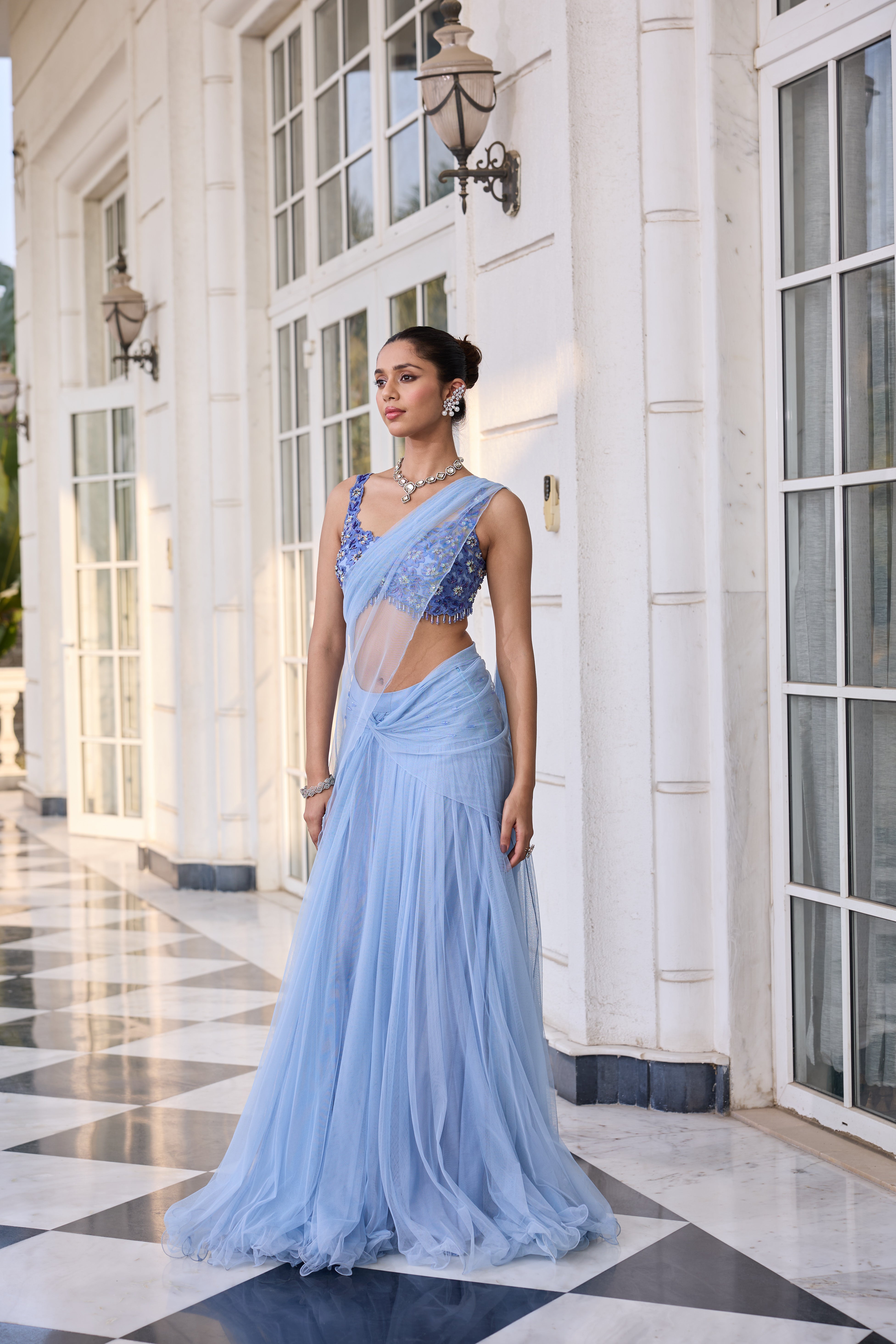 Hand-Embroidered Blouse with Draped Saree
