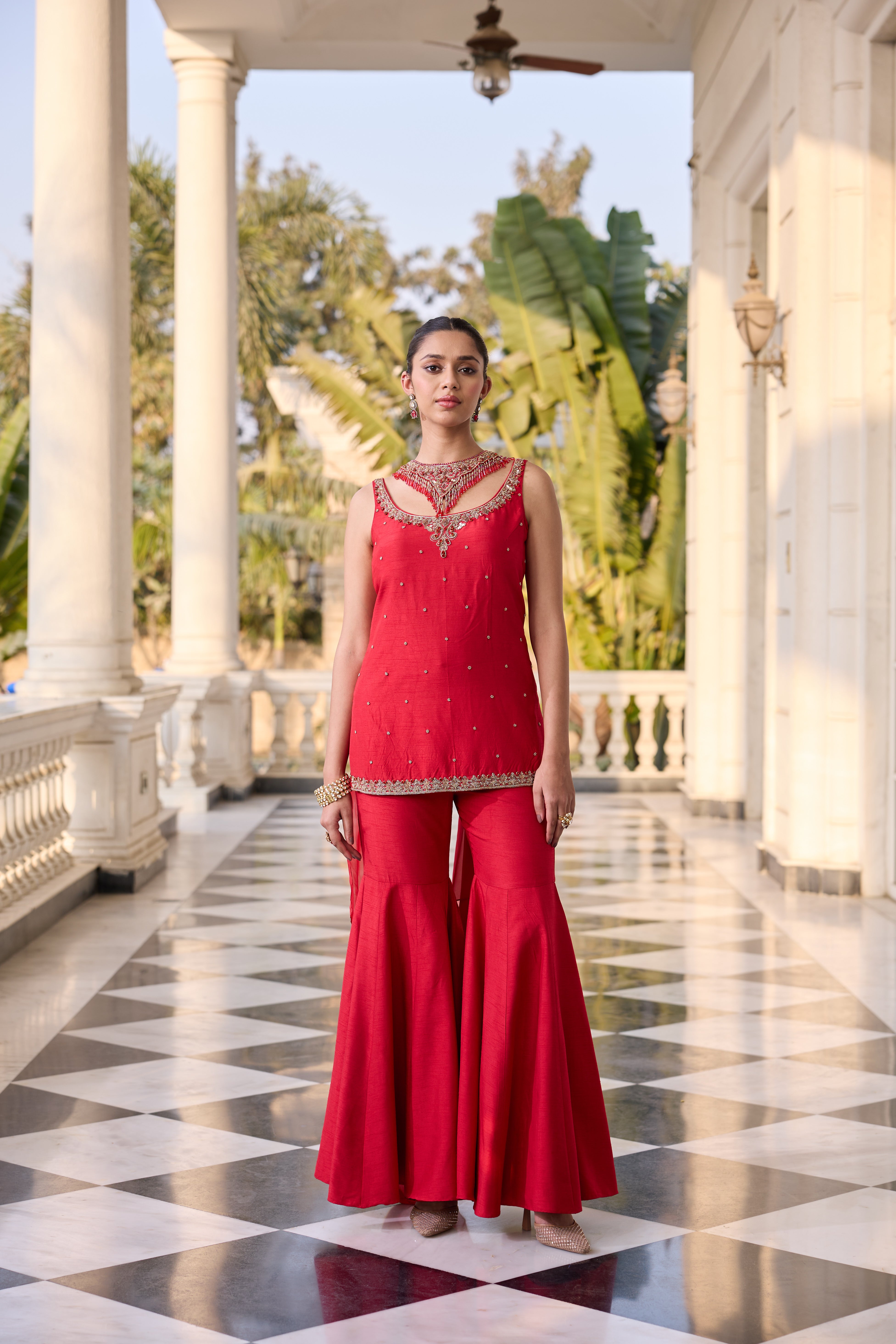 Royal Red Hand Embroidered Short Kurta with Sharara