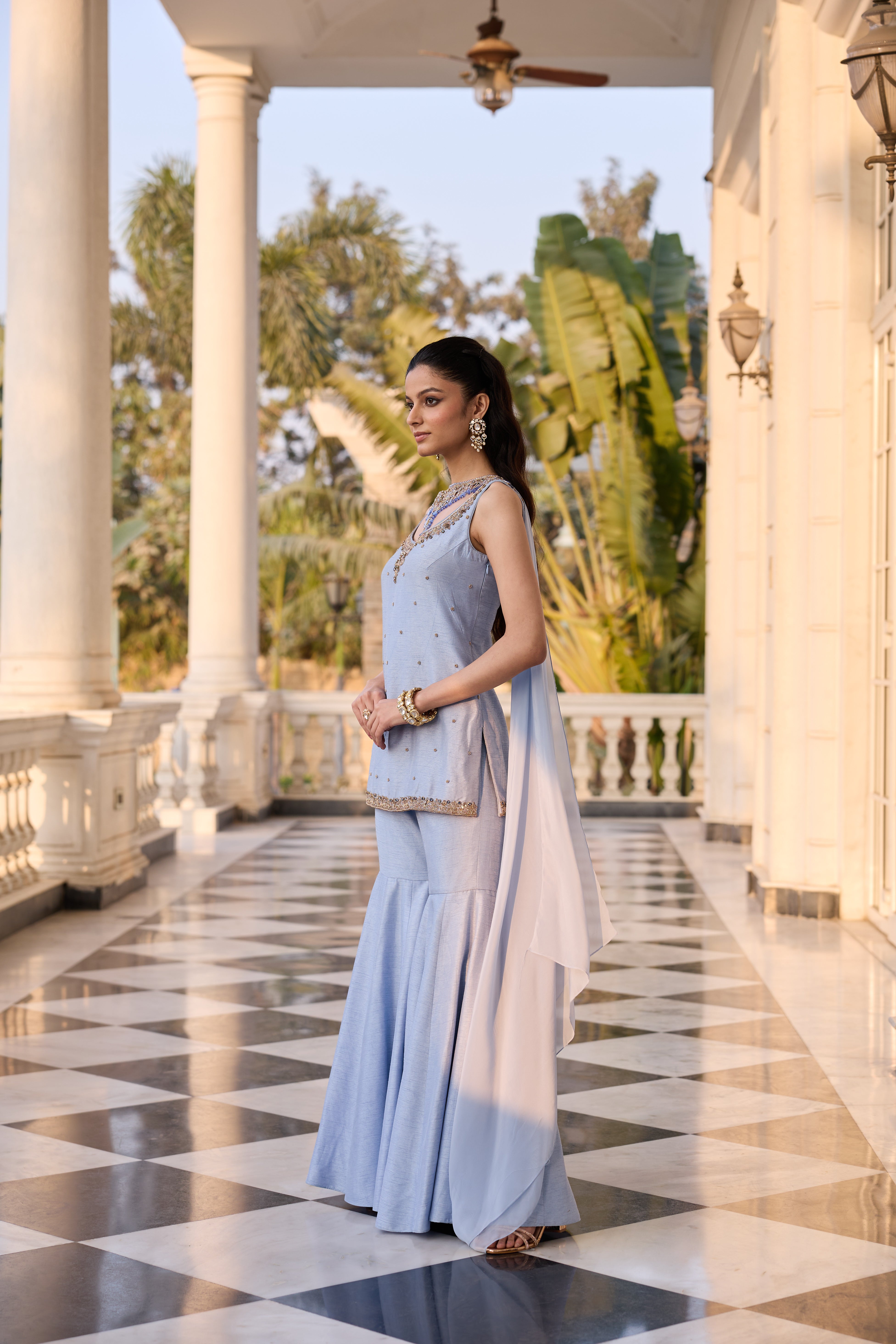 Hand Embellished Short Kurta with Sharara