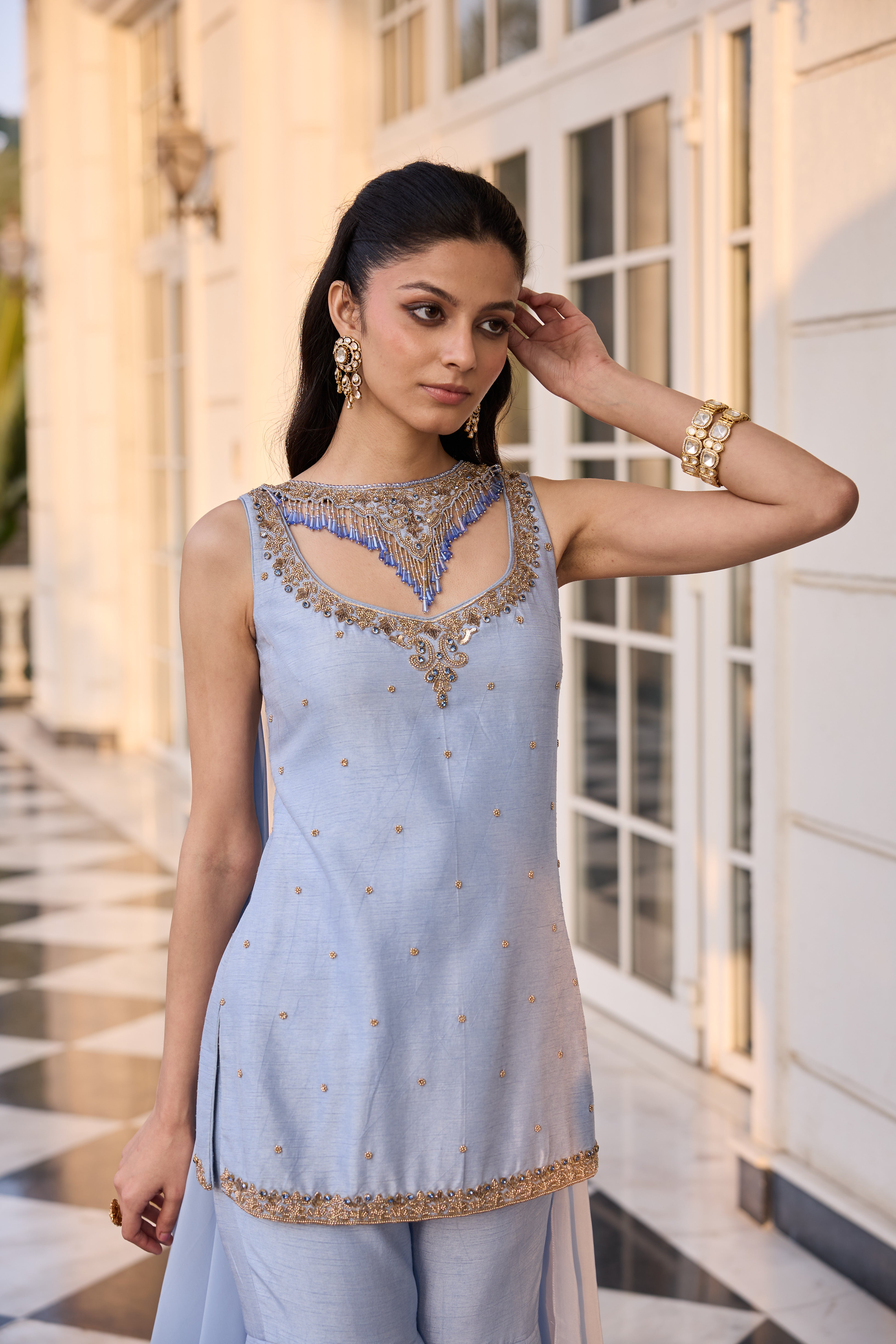 Hand Embellished Short Kurta with Sharara