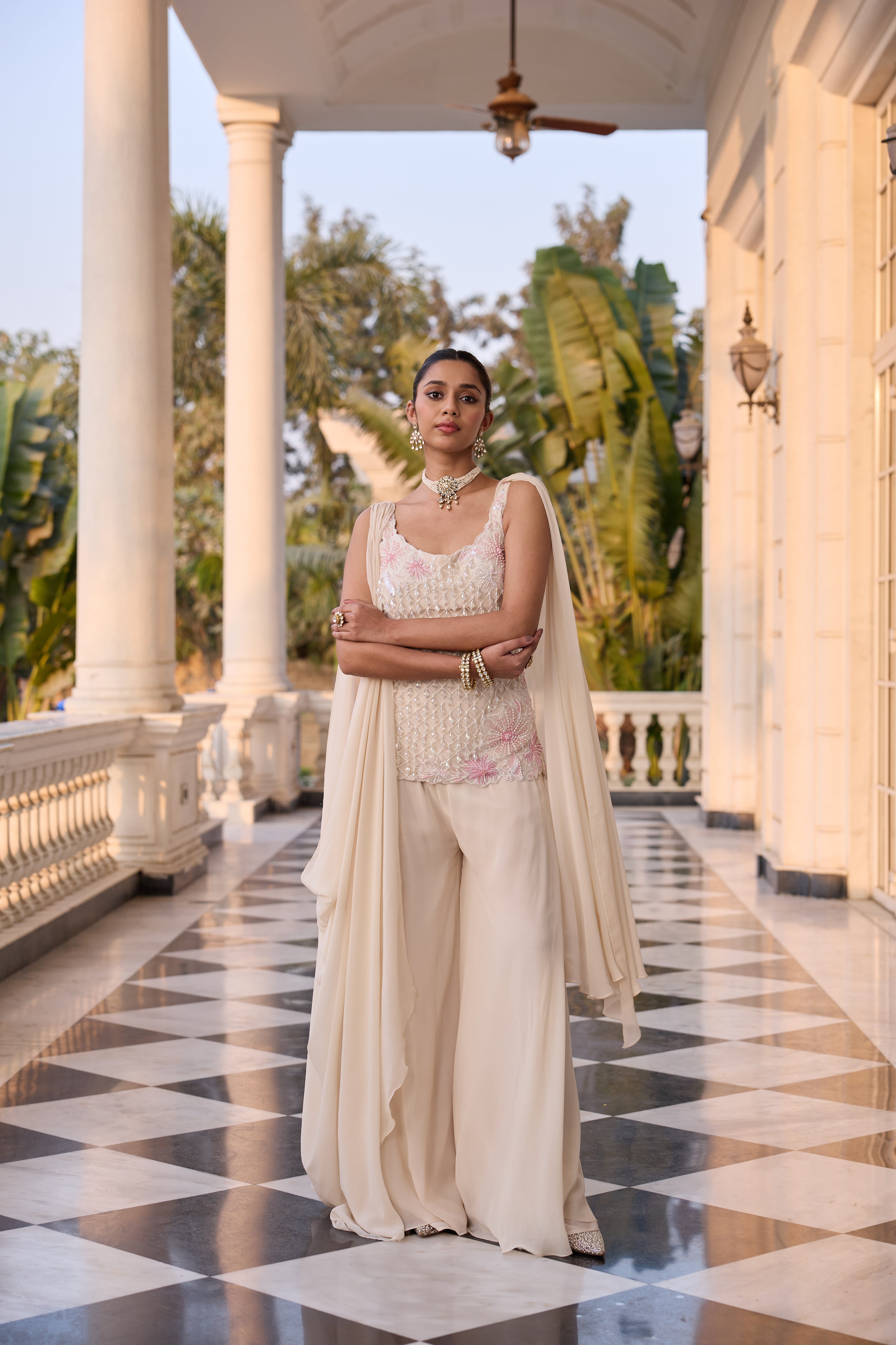 Hand-Embroidered Glass Pearls Draped Kurta with Fluid Trousers