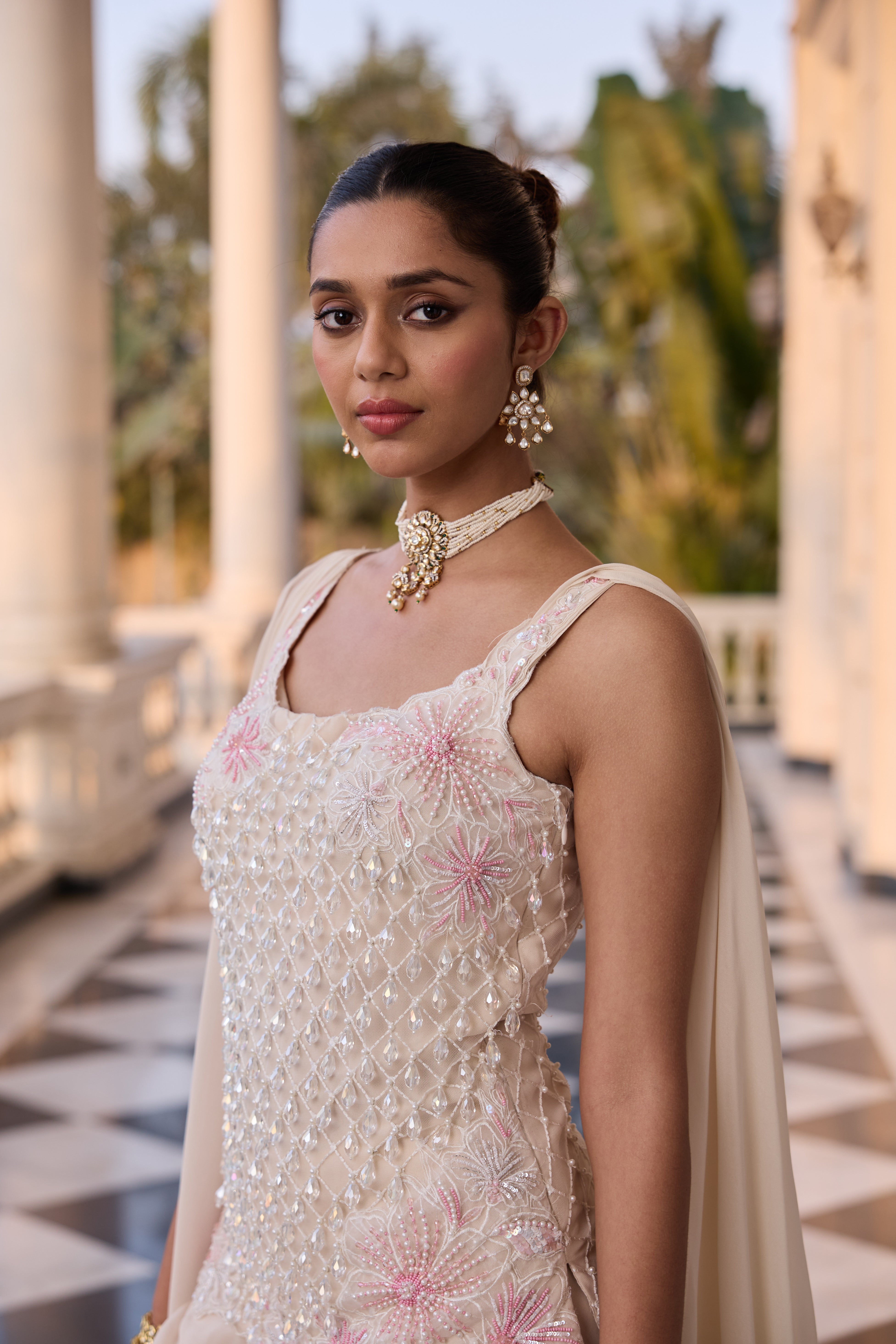 Hand-Embroidered Glass Pearls Draped Kurta with Fluid Trousers