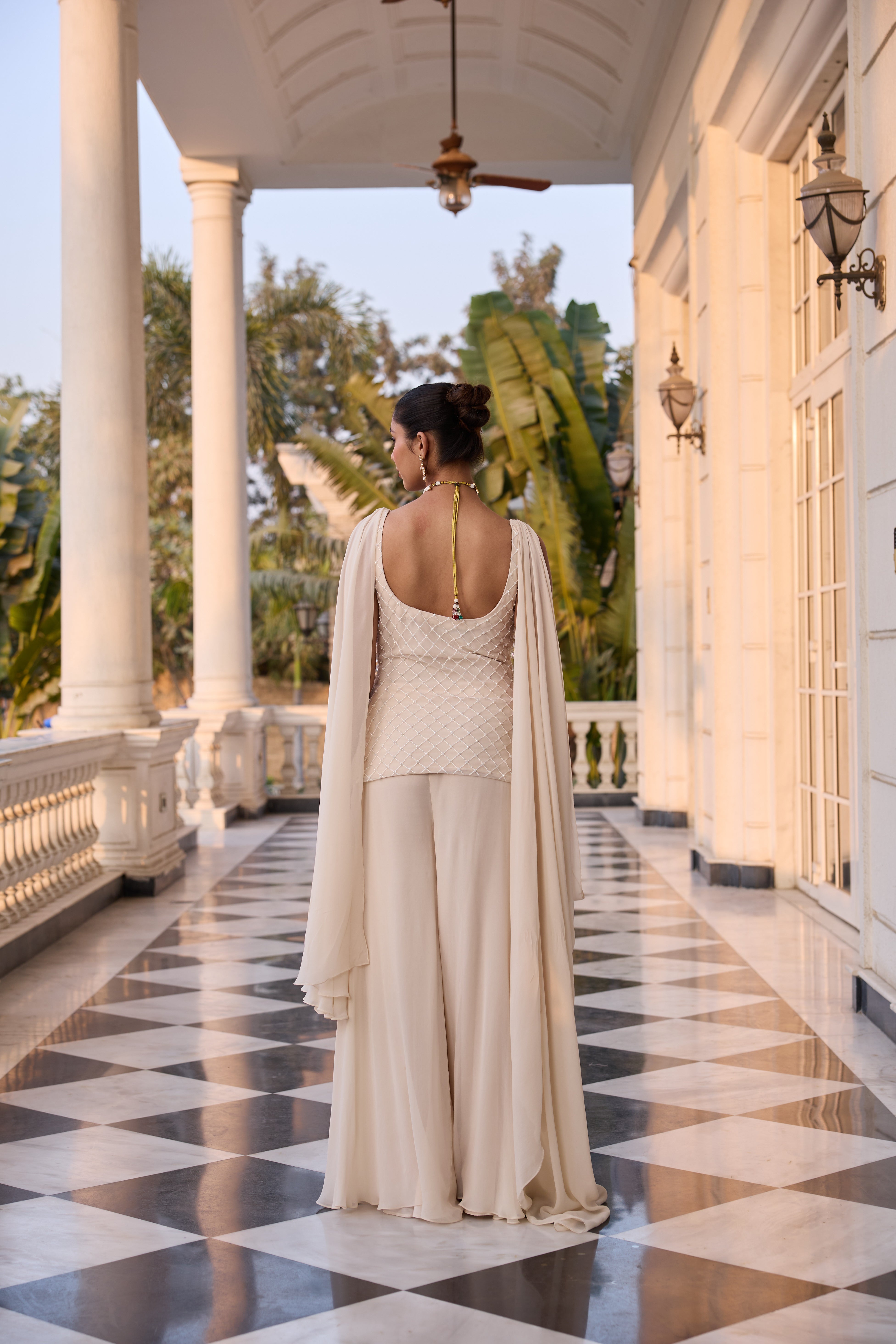 Hand-Embroidered Glass Pearls Draped Kurta with Fluid Trousers