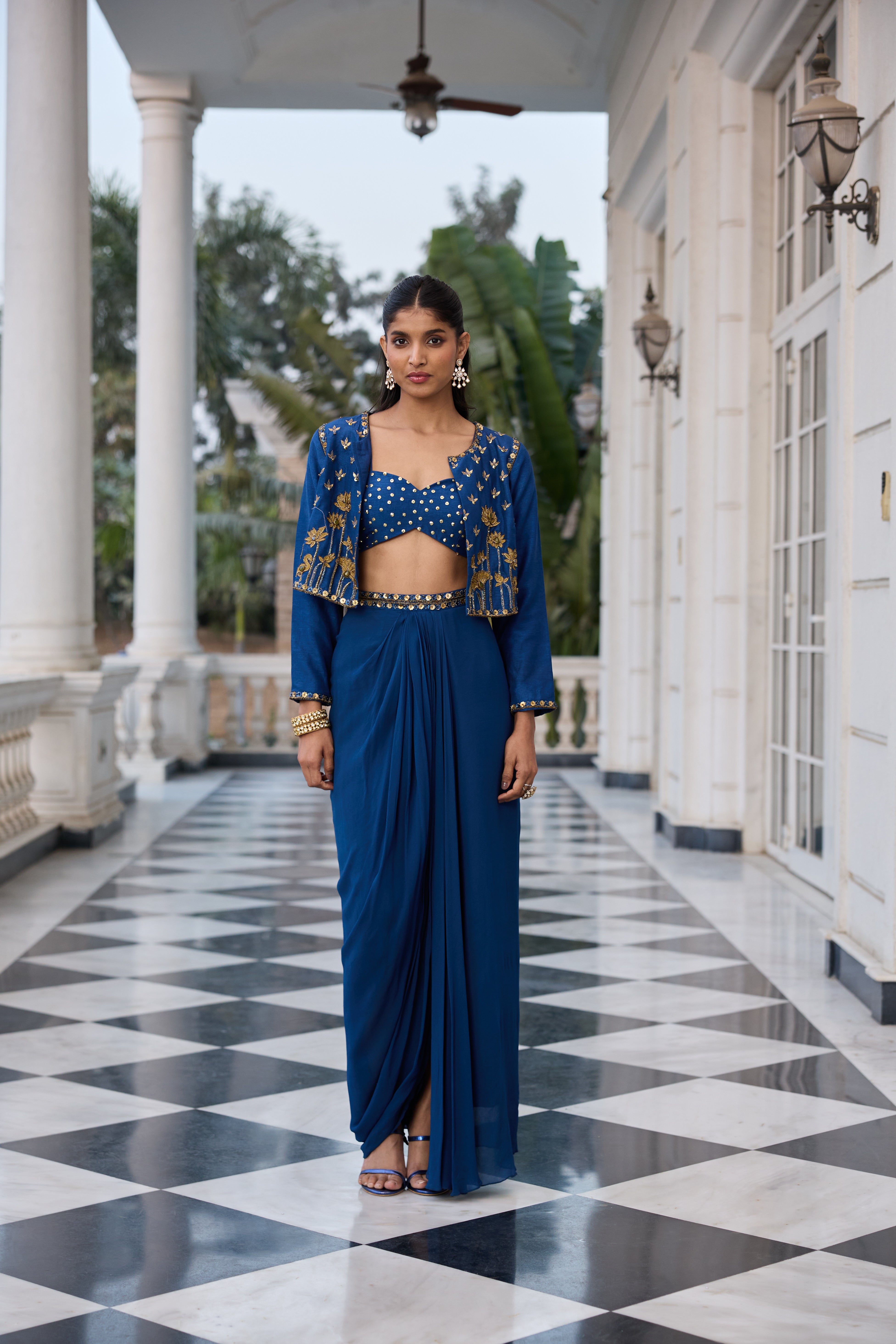 Hand-Embroidered Jacket with Bustier and Skirt