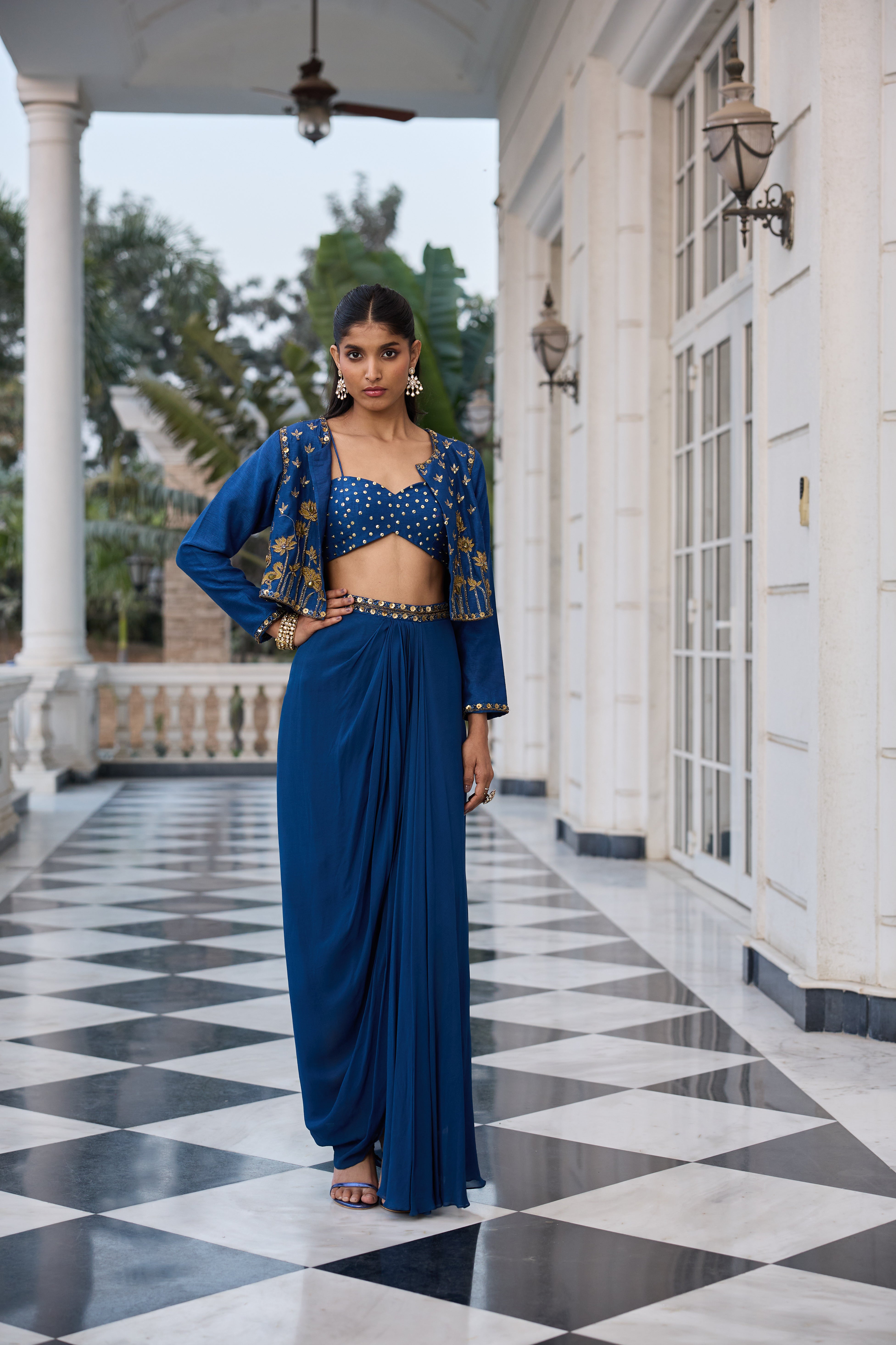 Hand-Embroidered Jacket with Bustier and Skirt